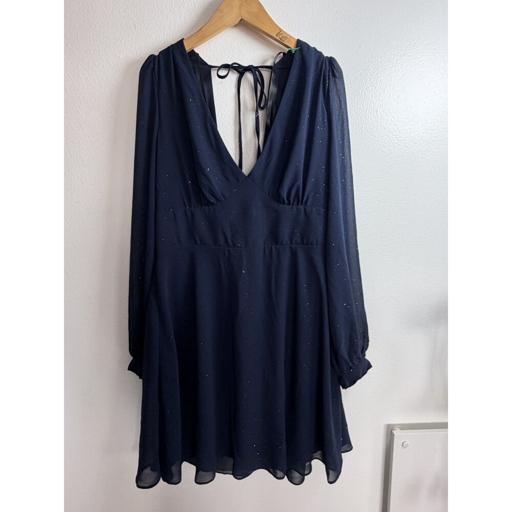 B Darlin Women’s 9/10 Navy Glitter Long Sleeve Fit & Flare Cocktail Dress - Picture 2 of 10